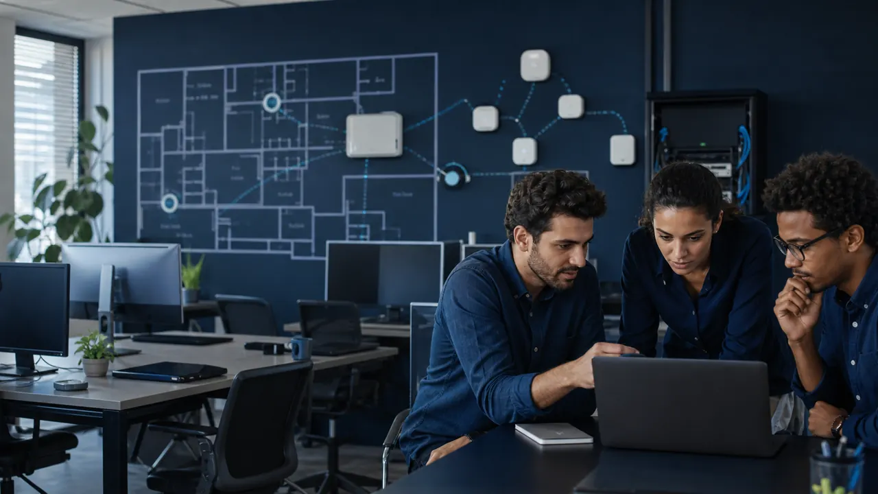 Equipo de oficina revisa estaciones de trabajo, accesos y un mapa técnico compartido.