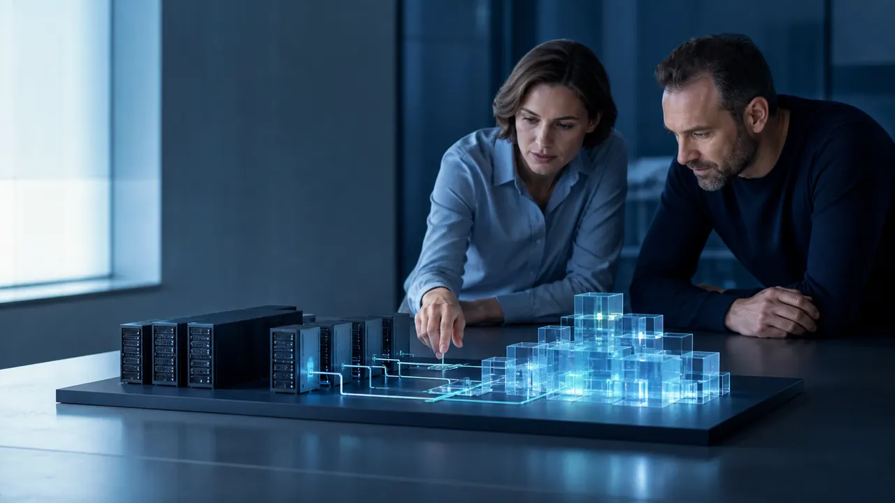 Personas comparan infraestructura física y capacidad de nube en un modelo técnico conectado.