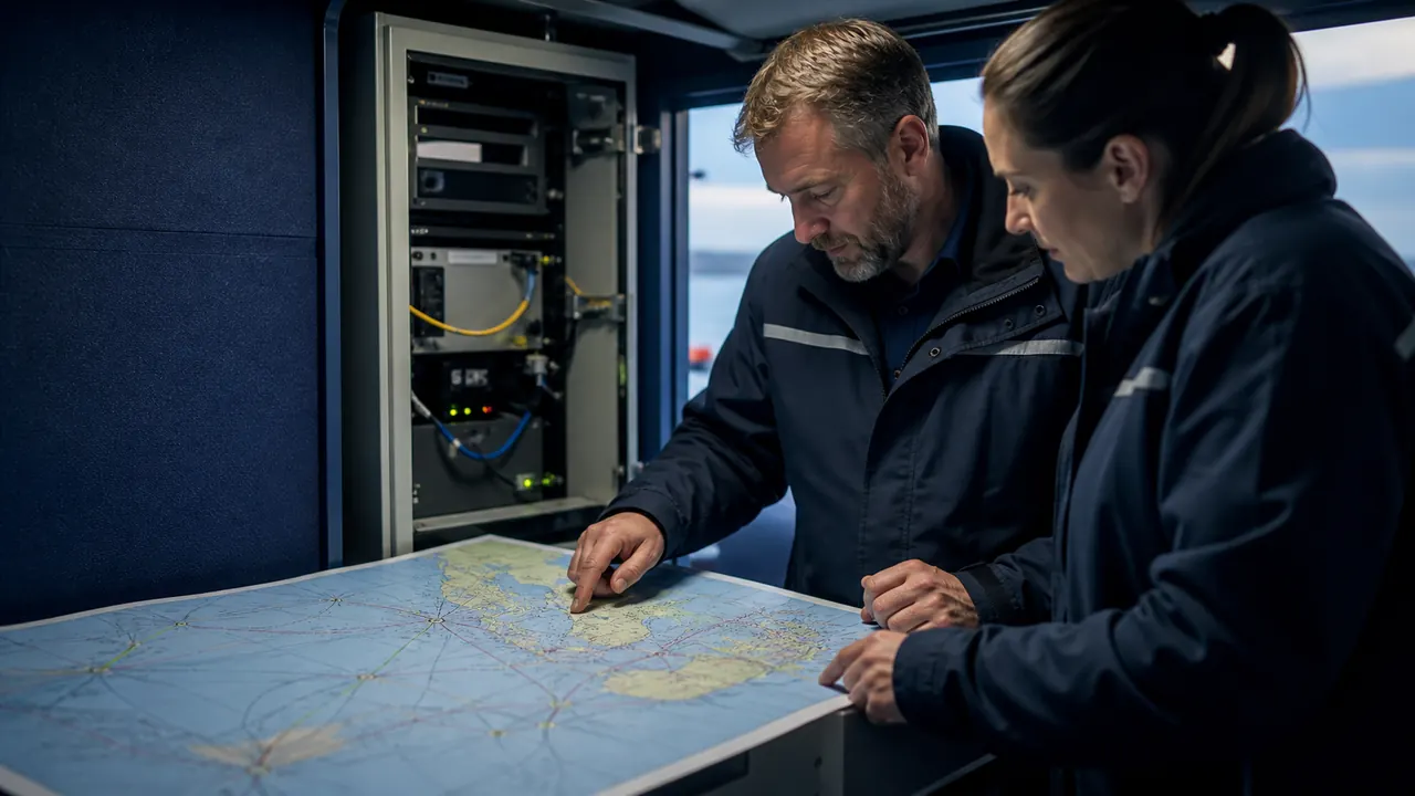 Dos personas revisan un mapa de infraestructura, plataformas y dependencias técnicas.